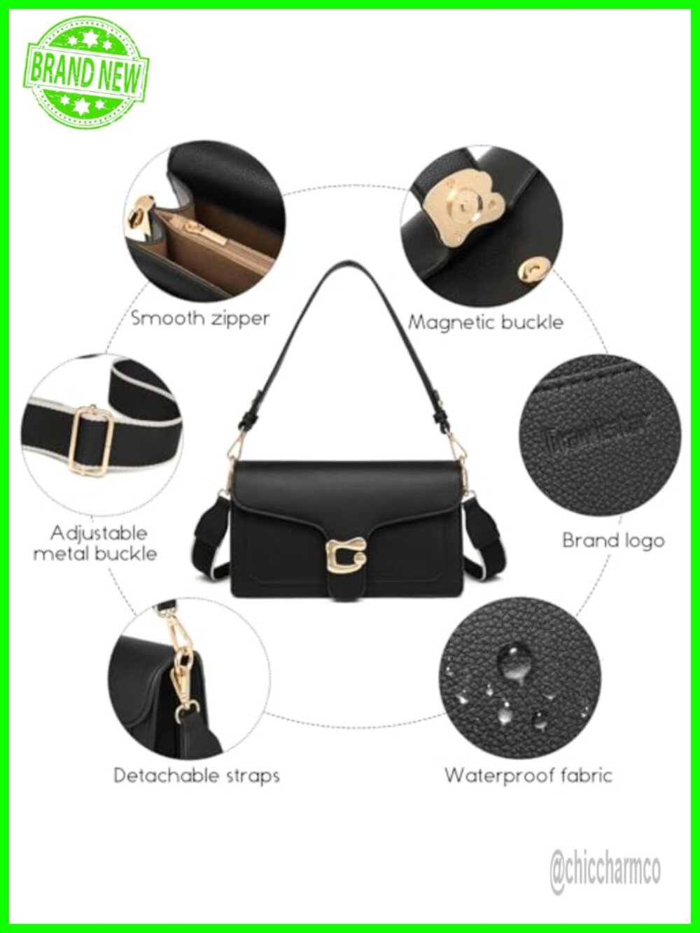 Vegan Leather Crossbody Bag with 2 Detachable Straps Small Shoulder Purse - Picture 5 of 6